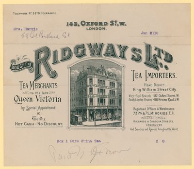 Kvittering fra Ridgways, teimportører, 182 Oxford Street, London av English School