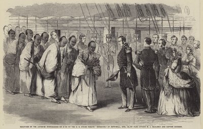 Mottakelse av de japanske ambassadørene på Dick av den amerikanske dampfregatten «Roanoake» ved Aspinwall, 25. april, av flaggoffiser WJ McCluney og kaptein Gardner (gravering) av English School