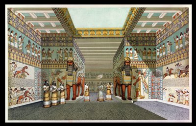 Rekonstruksjon av hallen til et assyrisk palass, fra Discoveries in the Ruins of Nineveh and Babylon av Austen Henry Layard (1817-94) av English School