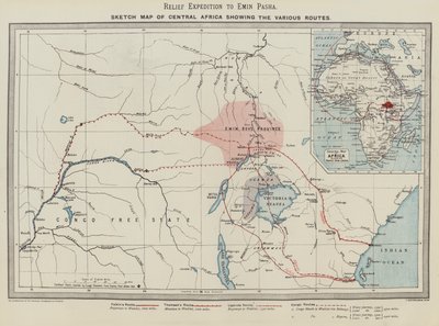Hjelpeekspedisjon til Emin Pasha, skissekart over Sentral-Afrika som viser de forskjellige rutene (farge litho) av English School