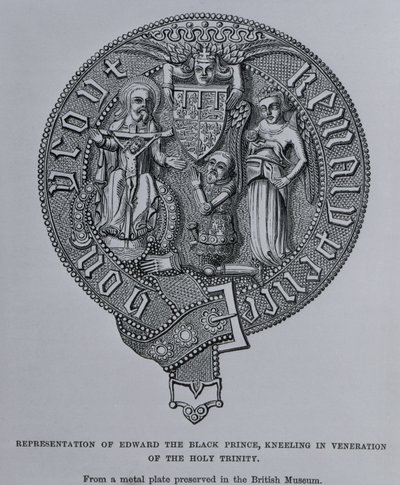 Representasjon av Edward den svarte prinsen som kneler i ære for den hellige treenighet av English School