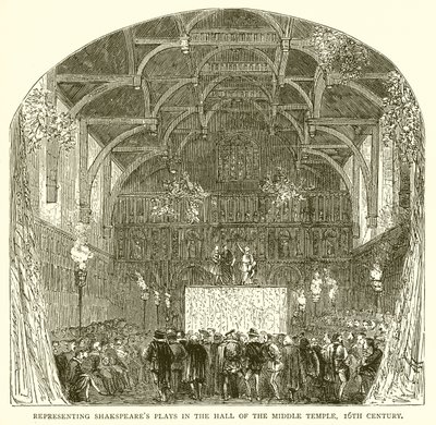 Representerer Shakespeares skuespill i Hall of the Middle Temple, 1500-tallet av English School