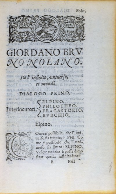 Res 28610 Første side av De lInfinito Universo et Mondi av Giordano Bruno, utgitt i London, 1584 (trykt papir) av English School