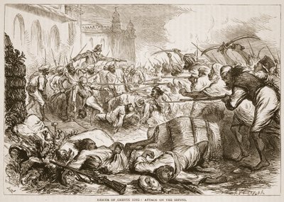 Rescue of Cheyte Sing: angrep på sepoyene, illustrasjon fra Cassells Illustrated History of India av James Grant, pub. 1879 av English School