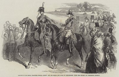 Return of His Royal Highness Prince Albert and His Grace the Duke of Wellington fra Review on Wimbledon Common (gravering) av English School