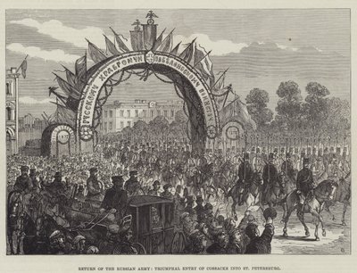 Return of the Russian Army, Triumphal Entry of Cossacks in St Petersburg (gravering) av English School