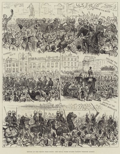 Retur av troppene fra Egypt, Royal Horse Guards passerer gjennom London (gravering) av English School