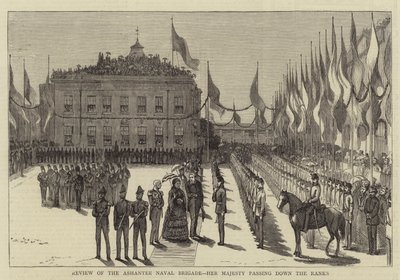 Gjennomgang av Ashantee Naval Brigade, Hennes Majestet som går ned i rekkene (gravering) av English School