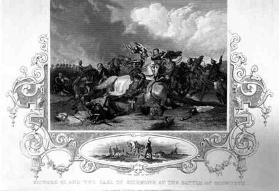 Richard III og jarlen av Richmond i slaget ved Bosworth (gravering) av English School