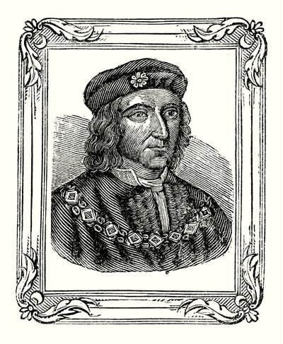 Richard III ble født i 1450, kronet i 1483, drept i 1485 (gravering) av English School