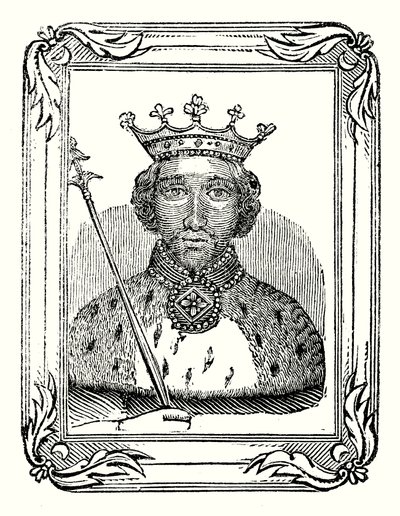 Richard II ble født i 1366, kronet i 1377 og myrdet i 1399 (gravering) av English School