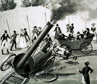 Richard Trevithick bygde en liten sirkulær jernbane i London for å introdusere folk til togreise (gouache på papir) av English School