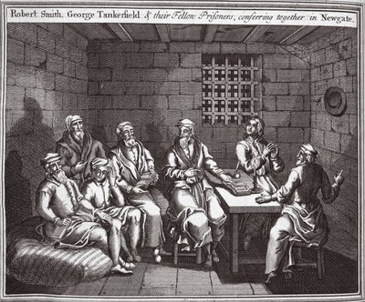 Robert Smith, George Tankerfield og deres medfanger, konfererte sammen i Newgate, illustrasjon fra Foxes Martyrs ca. 1703 av English School