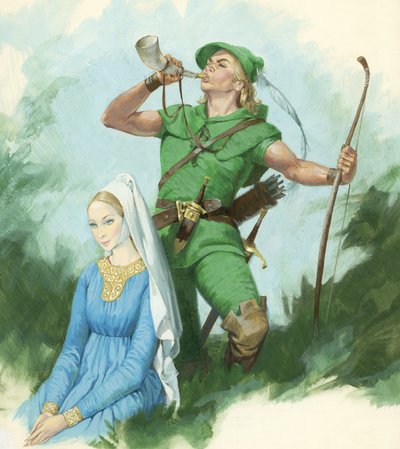 Robin Hood som blåser i et horn (gouache på papir) av English School