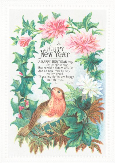 Robin og blomster, nyttårskort av English School