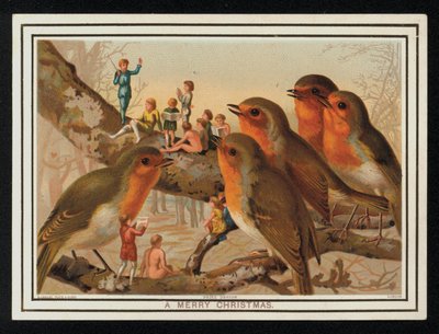Rødstruper og en gruppe utøvere, julehilsenkort. (chromolitho) av English School
