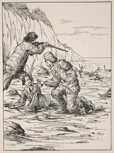Robinson Crusoe og Friday rescuing the Spanjor, illustrasjon fra The Story of Robinson Crusoe: An adaptation for children following Defoes language, pub. av Griffith Farran Browne & Co. Limited, Lo av English School