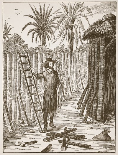 Robinson Crusoe bygger buen sin, illustrasjon fra The Story of Robinson Crusoe: En tilpasning for barn etter Defoes-språket, pub. av Griffith Farran Browne & Co. Limited, London av English School