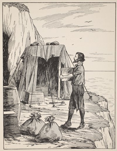 Robinson Crusoe bygger sitt tilfluktsrom, illustrasjon fra The Story of Robinson Crusoe: An adaptation for children following Defoes language, pub. av Griffith Farran Browne & Co. Limited, London av English School