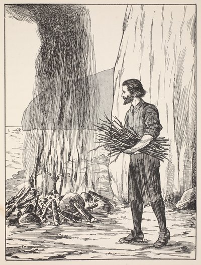 Robinson Crusoe cooking, illustrasjon fra The Story of Robinson Crusoe: En tilpasning for barn etter Defoes språk, pub. av Griffith Farran Browne & Co. Limited, London av English School