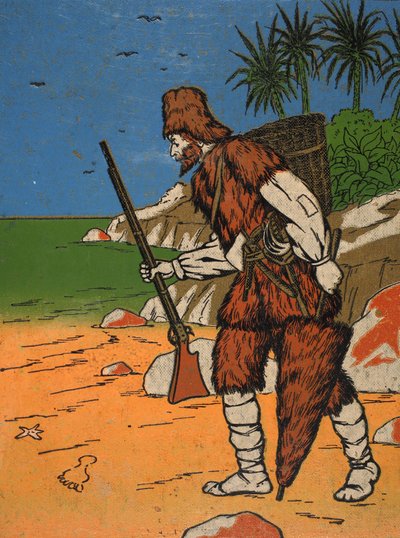 Robinson Crusoe, illustrasjon fra The Story of Robinson Crusoe: En tilpasning for barn etter Defoes-språket, pub. av Griffith Farran Browne & Co. Limited, London av English School