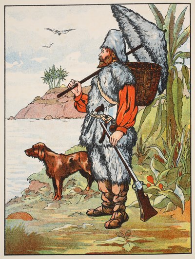 Robinson Crusoe, illustrasjon fra The Story of Robinson Crusoe: En tilpasning for barn etter Defoes-språket, pub. av Griffith Farran Browne & Co. Limited, London av English School