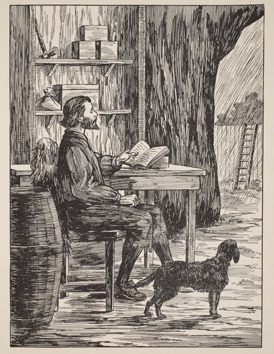 Robinson Crusoe in his hule, illustrasjon fra The Story of Robinson Crusoe: An adaptation for children following Defoes language, pub. av Griffith Farran Browne & Co. Limited, London av English School