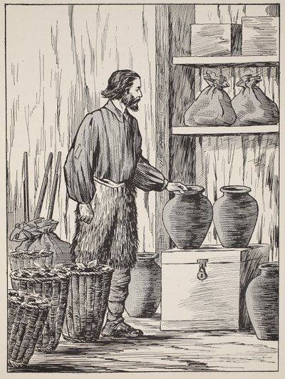Robinson Crusoe i lagerrommet hans, illustrasjon fra The Story of Robinson Crusoe: An adaptation for children following Defoes language, pub. av Griffith Farran Browne & Co. Limited, London av English School