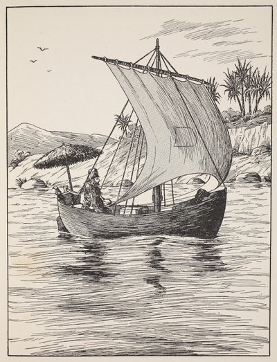 Robinson Crusoe på båten sin, illustrasjon fra The Story of Robinson Crusoe: An adaptation for children following Defoes language, pub. av Griffith Farran Browne & Co. Limited, London av English School