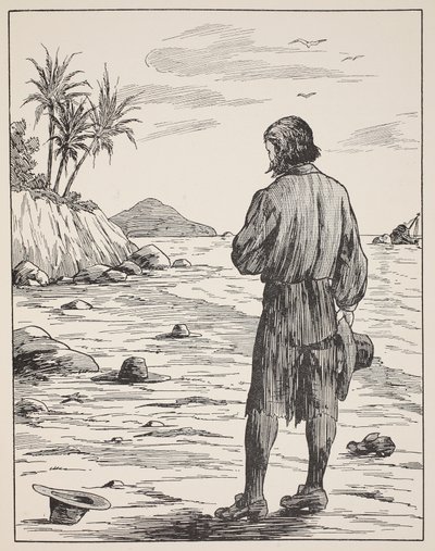 Robinson Crusoe på øya hans, illustrasjon fra The Story of Robinson Crusoe: An adaptation for children following Defoes language, pub. av Griffith Farran Browne & Co. Limited, London av English School