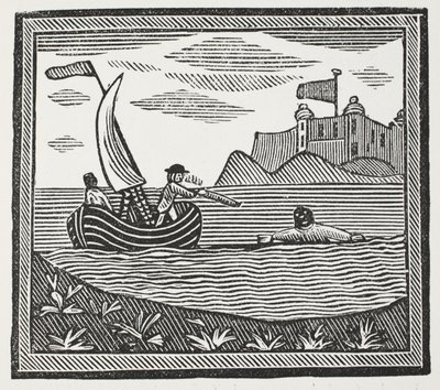 Robinson og Xury rømmer fra myrene, illustrasjon fra Chap-books of the Eighteenth Century av John Ashton, pub. 1882 av English School