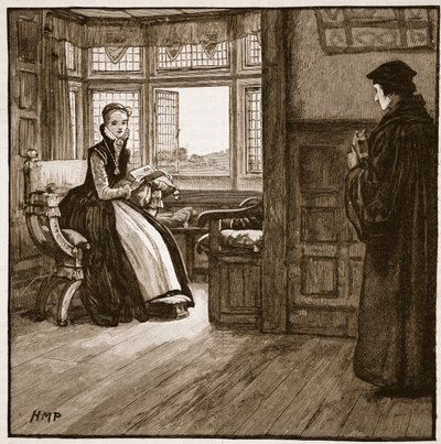 Roger Aschams besøker Lady Jane Grey, illustrasjon fra Cassells Illustrated History of England (sepiafoto) av English School