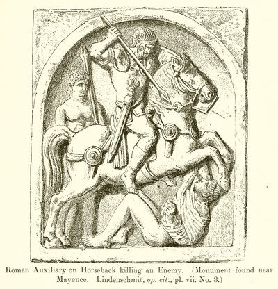 Romersk hjelpemann på hesteryggen som dreper en fiende. (Monument funnet nær Mayence. Lindenschmit, op. cit., vii. No. 3) av English School