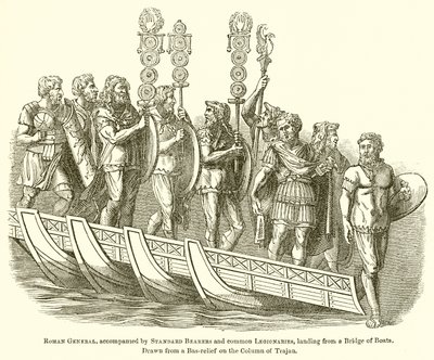 Romersk general, akkompagnert av fanebærere og vanlige legionærer, lander fra en bro av båter av English School