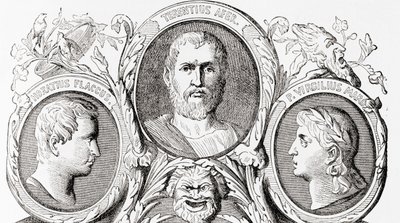 Romerske forfattere, fra venstre til høyre, Horace, Terence og Virgil, fra Ward og Locks Illustrated History of the World, pub. ca. 1882 av English School