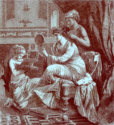 Romersk dame på toalettet hennes, illustrasjon fra The Illustrated History of the World, publisert ca. 1880 (digitalt forbedret bilde) av English School