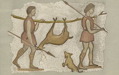 Romersk mosaikk, som viser to menn som bærer en hjort (farge litho) av English School
