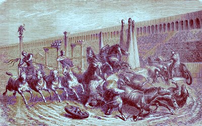 Romerske offentlige spill under imperiet - vognløpet i sirkuset, illustrasjon fra The Illustrated History of the World, utgitt ca. 1880 (digitalt forbedret bilde) av English School
