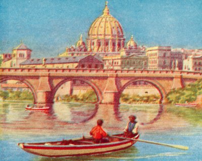Roma, Peterskirken fra Tiberen (fargelitografi) av English School