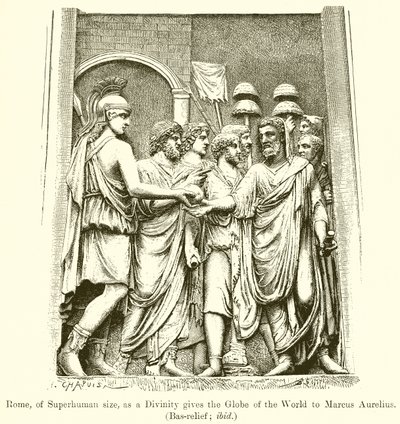 Roma, av overmenneskelig størrelse, gir som en guddommelighet verdenskloden til Marcus Aurelius. (Bas-relieff; ibid) av English School