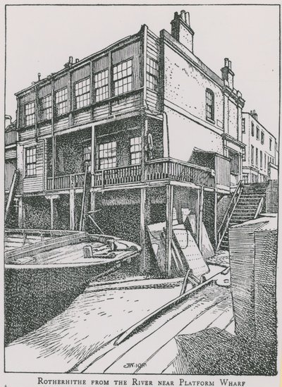 Rotherhithe fra Themsen nær Platform Wharf; Engelen av English School