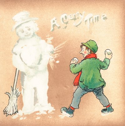 Røff gutt som kaster snøballer på Snowman, julekort av English School