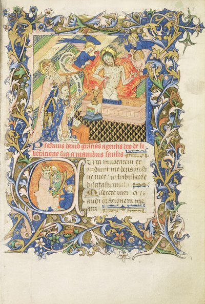Roy 2 B I f.8 Kronet skikkelse støttet av gråskjegget helgen som kneler foran et bilde av Pity, fra Salteren til Humphrey Duke of Gloucester, ca. 1420-30 (vellum) av English School