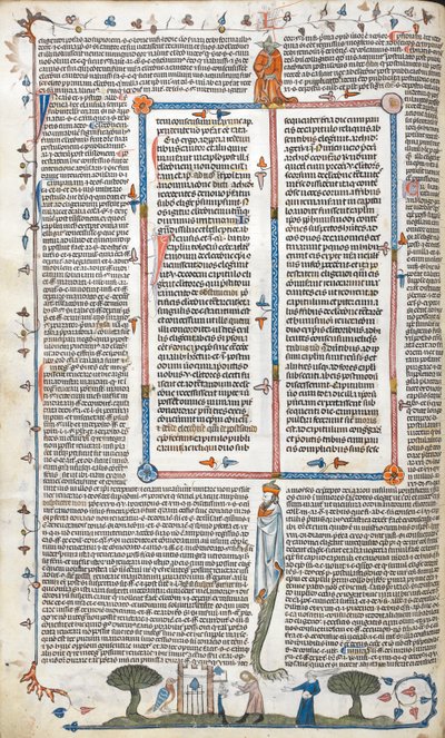 Royal 10 E. IV, f.30v, Tekst og bas-de-side scene av en mann og en kvinne utenfor en bygning, fra 