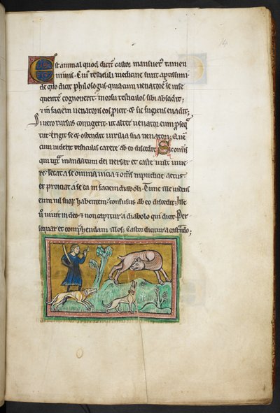 Royal 12 F.XIII, f.14 En ulv (?) med blod som kommer ut av munnen, og en jeger med hunder, fra Rochester Bestiary, 2. kvartal av 1200-tallet av English School
