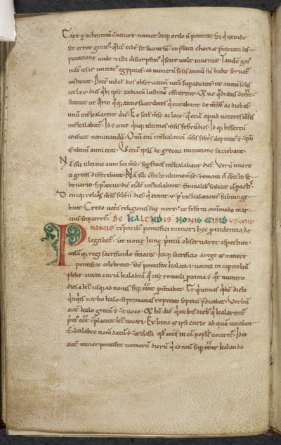 Royal 13. A.XI, f.47vInitial P.De temporum ratione.Bede den ærverdige.Diverse verk om databehandling og astronomi.1000-1100-tallet av English School