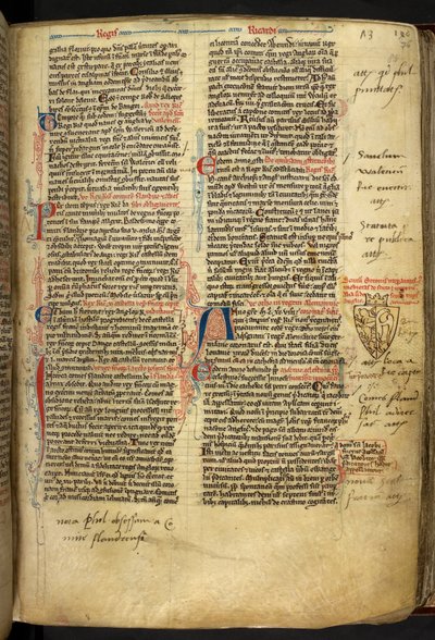 Royal 14 C.VII ff.86v Kantdekorasjon med våpenskjold av Richard Løvehjerte, illustrasjon fra 
