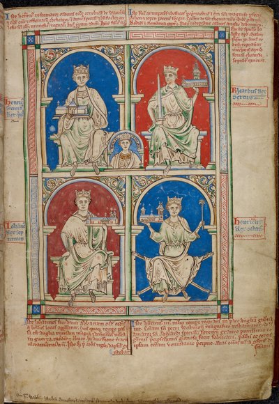 Royal 14 C. VII, f.9 Four Kings of England: Henry II, Richard I, John and Henry III with Westminster Abbey, fra 