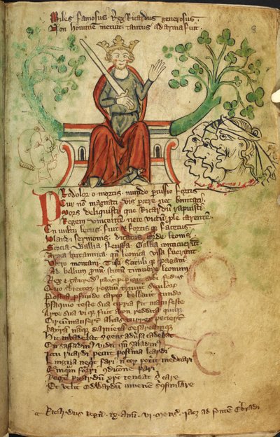 Royal 20 A. II f.8 Kong Richard I med sverd, på sin trone, illustrasjon fra 