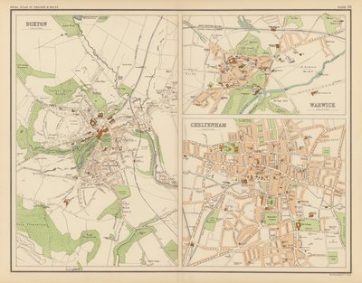Royal Atlas, ca 1900: Buxton; Warwick; Cheltenham (farge litho) av English School